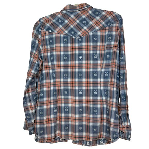 North River pink and blue plaid pearl snap with raw edges - medium - Picture 2 of 6